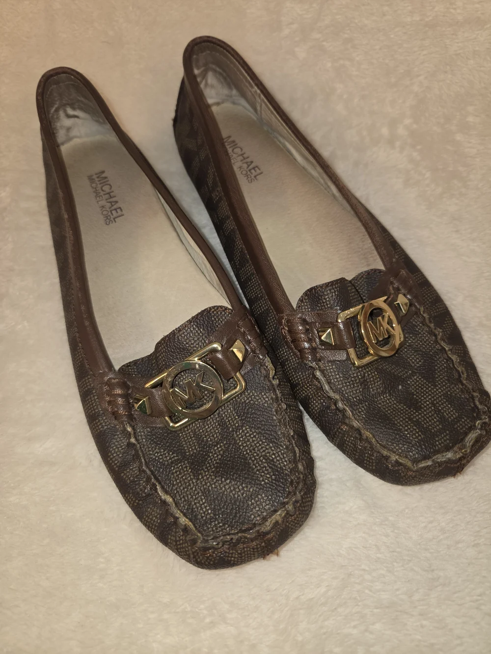Michael Kors Brown Logo Moccasin Loafers with Gold MK Accent
